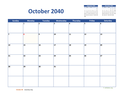 October 2040 Calendar Classic