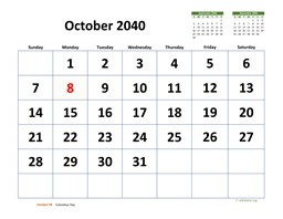 October 2040 Calendar with Extra-large Dates