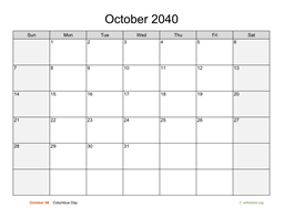 October 2040 Calendar with Weekend Shaded