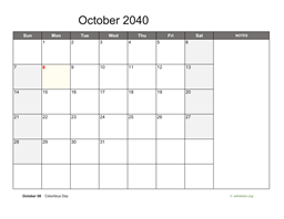 October 2040 Calendar with Notes