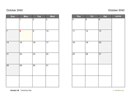 October 2040 Calendar on two pages