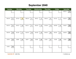 September 2040 Calendar with Day Numbers