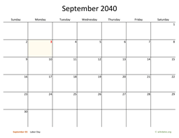 September 2040 Calendar with Bigger boxes