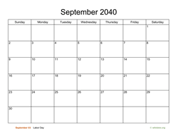 Basic Calendar for September 2040