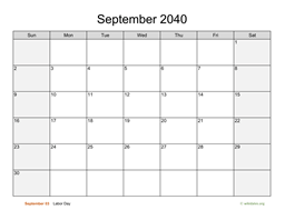 September 2040 Calendar with Weekend Shaded