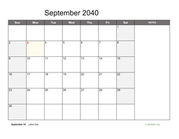 September 2040 Calendar with Notes