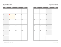 September 2040 Calendar on two pages
