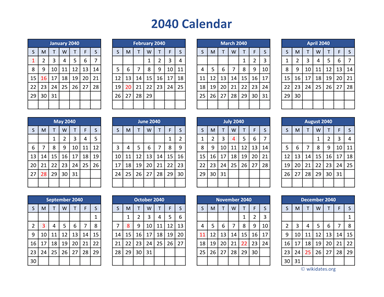 2040 Calendar in PDF