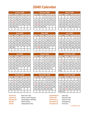 Calendar 2040 Vertical