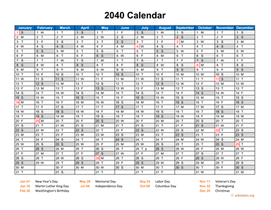 2040 Calendar Horizontal, One Page