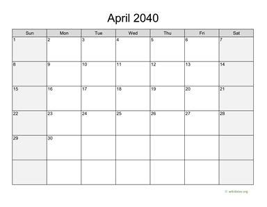 April 2040 Calendar with Weekend Shaded