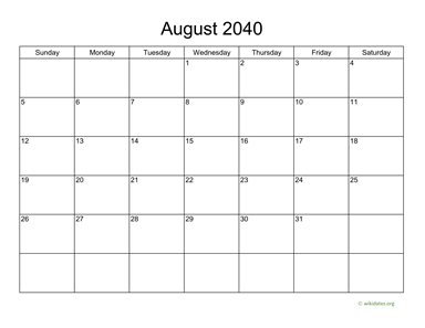 Basic Calendar for August 2040