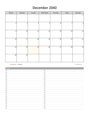 December 2040 Calendar with To-Do List