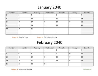 January and February 2040 Calendar Horizontal
