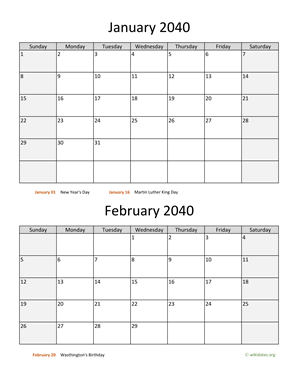 January and February 2040 Calendar Vertical