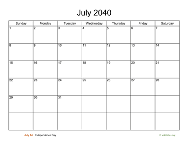 Basic Calendar for July 2040