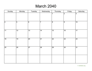 Basic Calendar for March 2040