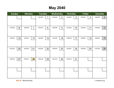 May 2040 Calendar with Day Numbers
