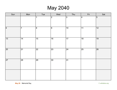 May 2040 Calendar with Weekend Shaded