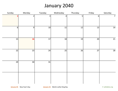 Monthly 2040 Calendar with Bigger boxes