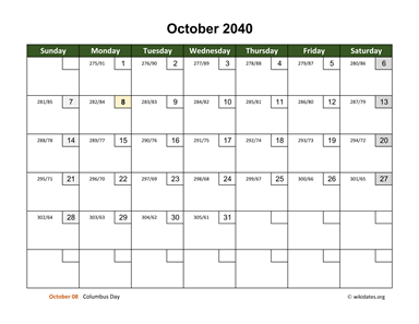 October 2040 Calendar with Day Numbers
