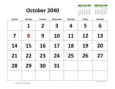October 2040 Calendar with Extra-large Dates