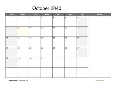 October 2040 Calendar with Notes