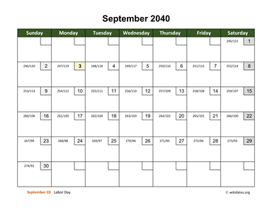 September 2040 Calendar with Day Numbers