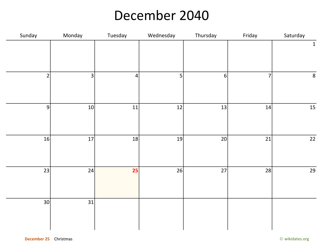 December 2040 Calendar with Bigger boxes | WikiDates.org