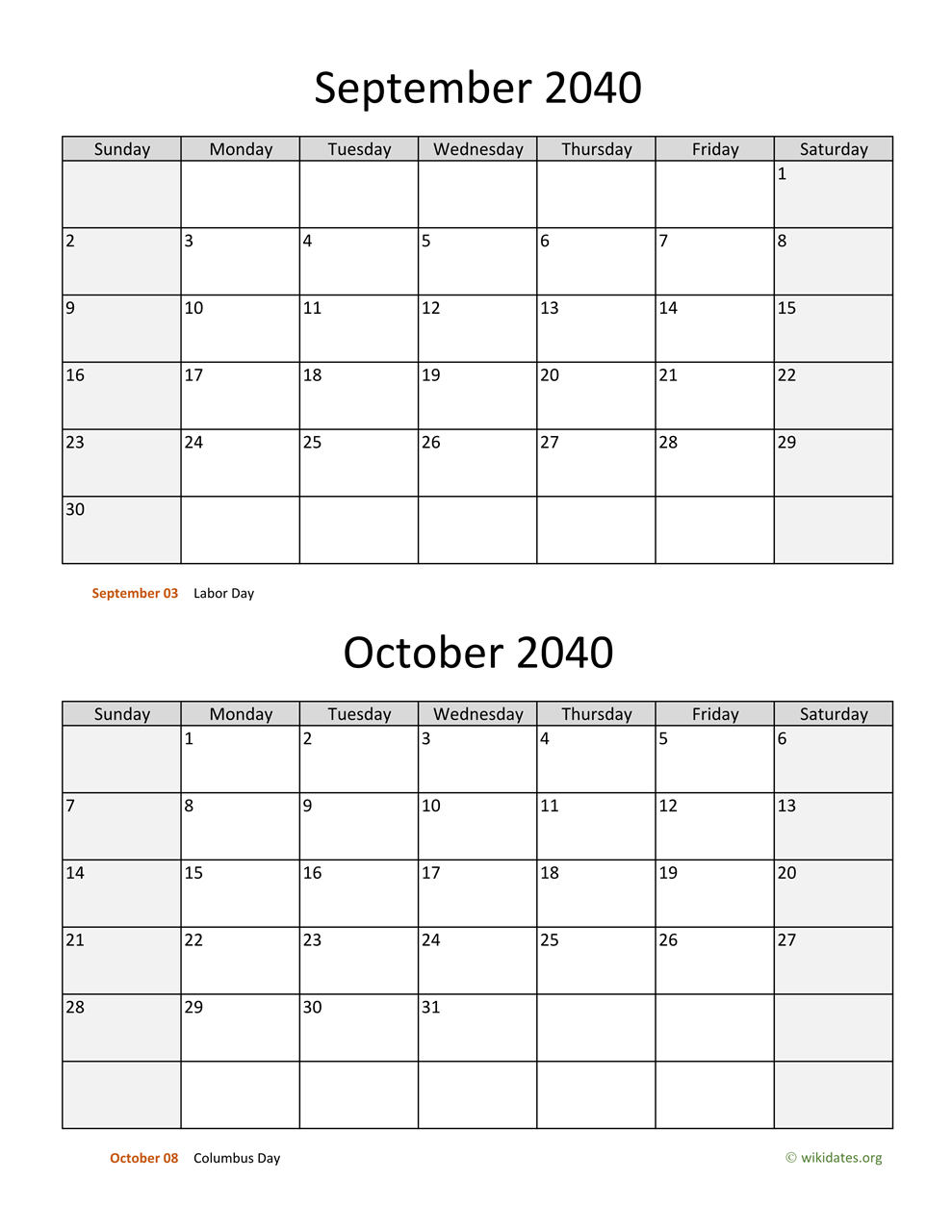 September and October 2040 Calendar | WikiDates.org