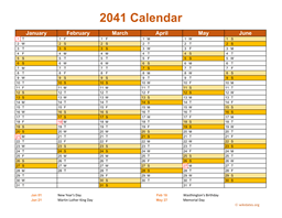 2041 Calendar on 2 Pages, Landscape Orientation