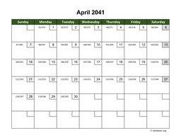 April 2041 Calendar with Day Numbers