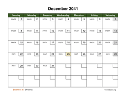 December 2041 Calendar with Day Numbers