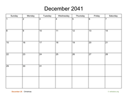 Basic Calendar for December 2041