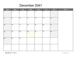 December 2041 Calendar with Notes