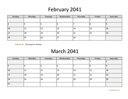 February and March 2041 Calendar
