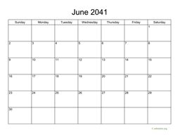Basic Calendar for June 2041