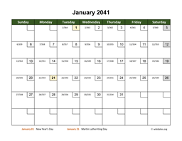 Monthly 2041 Calendar with Day Numbers