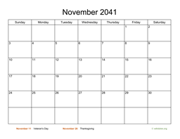 Basic Calendar for November 2041