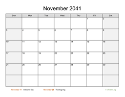 November 2041 Calendar with Weekend Shaded