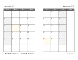 November 2041 Calendar on two pages