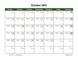October 2041 Calendar with Day Numbers
