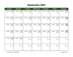 September 2041 Calendar with Day Numbers