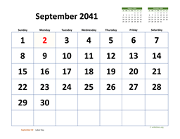 September 2041 Calendar with Extra-large Dates