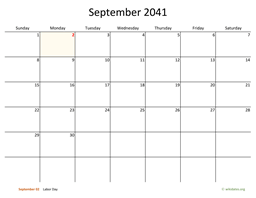 September 2041 Calendar with Bigger boxes