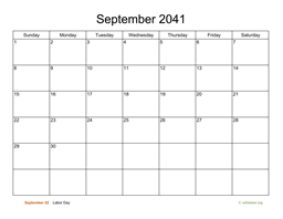 Basic Calendar for September 2041