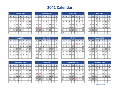 2041 Calendar in PDF