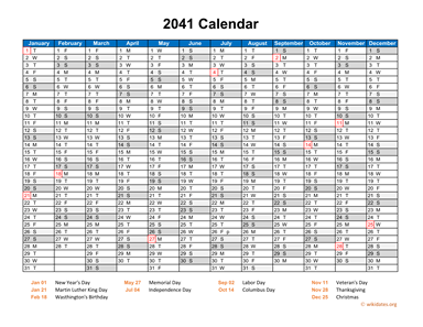 2041 Calendar Horizontal, One Page