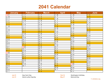 2041 Calendar on 2 Pages, Landscape Orientation
