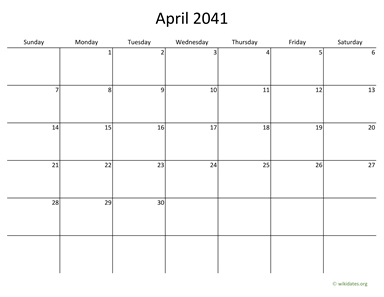 April 2041 Calendar with Bigger boxes